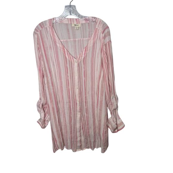 Style & Co Women’s 2X Pink White Striped Button Front Blouse Roll Tab Sleeve - Picture 1 of 8